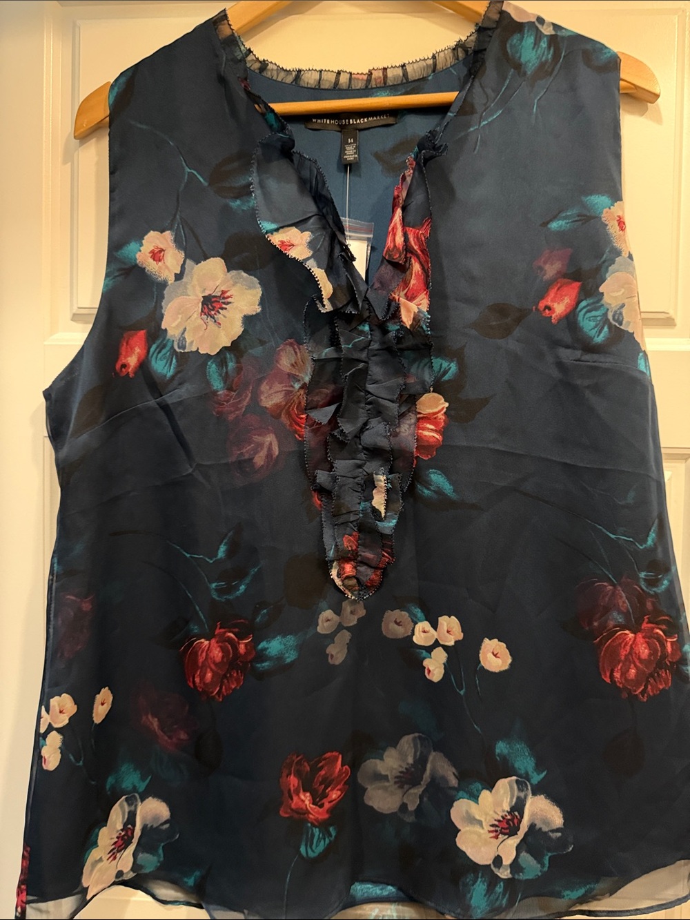 WHBM Navy Floral Ruffle Sleeveless Top